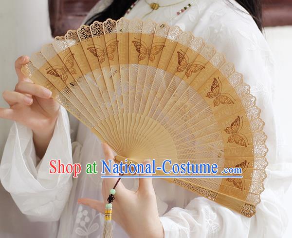 Chinese Printing Butterfly Folding Fan Traditional Hollow Fan Handmade Sandalwood Fan