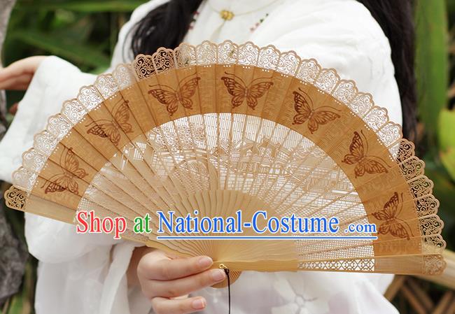 Chinese Printing Butterfly Folding Fan Traditional Hollow Fan Handmade Sandalwood Fan