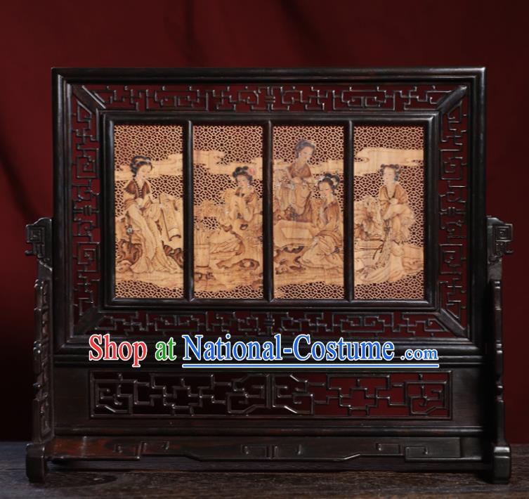 Handmade Chinese Carving Goddess Desk Screen Traditional Sandalwood Table Ornament