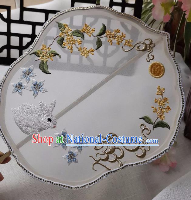 China Handmade Embroidered Osmanthus Rabbit Palace Fan Classical White Silk Fan Traditional Hanfu Princess Fan