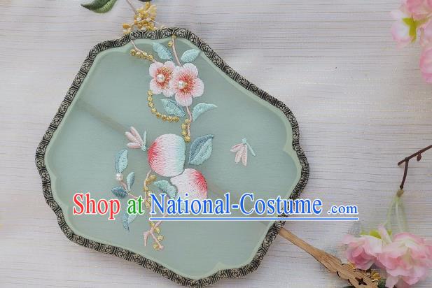 China Handmade Embroidered Peach Flowers Palace Fan Classical Green Silk Fan Traditional Song Dynasty Court Fan