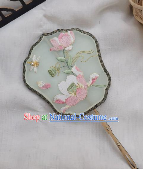 China Traditional Song Dynasty Court Fan Handmade Embroidered Lotus Palace Fan Classical Green Silk Fan