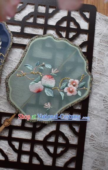 China Classical Hanfu Green Silk Fan Traditional Song Dynasty Wedding Fan Handmade Embroidered Peach Blossom Palace Fan