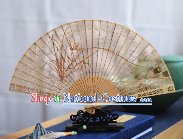 Chinese Handmade Carving Orchids Fan Hollow Sandalwood Accordion Classical Folding Fan