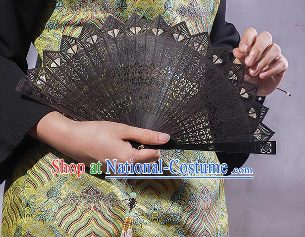 Chinese Classical Folding Fan Handmade Carving Fan Hollow Ebony Accordion