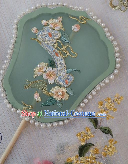 China Traditional Hanfu Pearls Fan Handmade Embroidered Ruyi Palace Fan Classical Green Silk Fan