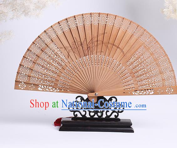 Chinese Classical Printing Orchids Folding Fan Hollow Sandalwood Accordion Handmade Fan Craft