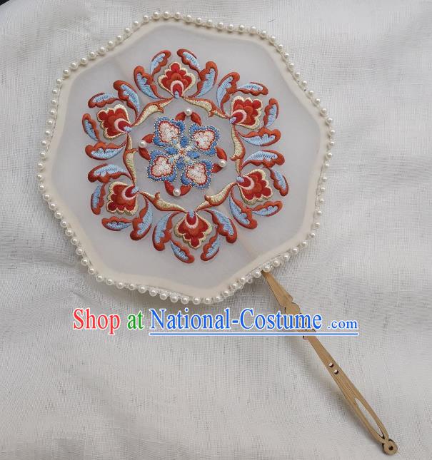 China Handmade Embroidered Palace Fan Classical Hanfu Pearls Fan Traditional Tang Dynasty Princess Silk Fan