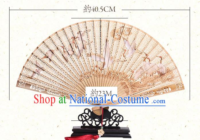 Chinese Hollow Sandalwood Accordion Handmade Fan Craft Classical Printing Cranes Folding Fan