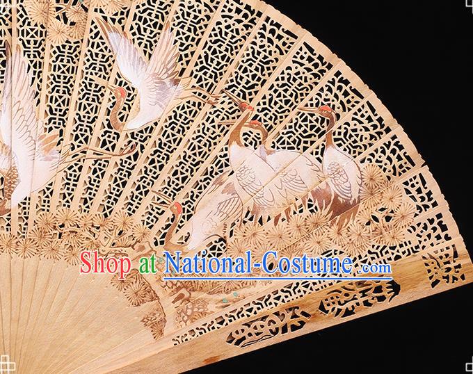 Chinese Hollow Sandalwood Accordion Handmade Fan Craft Classical Printing Cranes Folding Fan