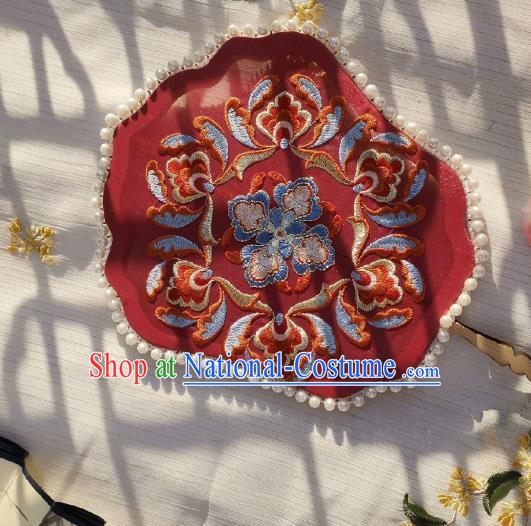 China Traditional Song Dynasty Princess Fan Handmade Embroidered Palace Fan Classical Wedding Red Silk Fan