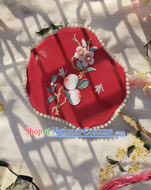 China Classical Wedding Red Silk Fan Traditional Song Dynasty Princess Fan Handmade Embroidered Peach Flowers Palace Fan