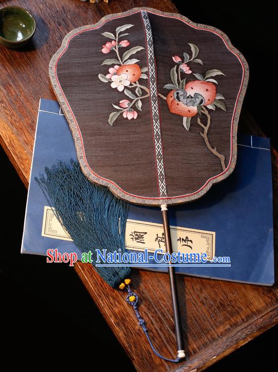 China Traditional Ming Dynasty Hanfu Fan Handmade Embroidered Peach Palace Fan Classical Black Silk Fan