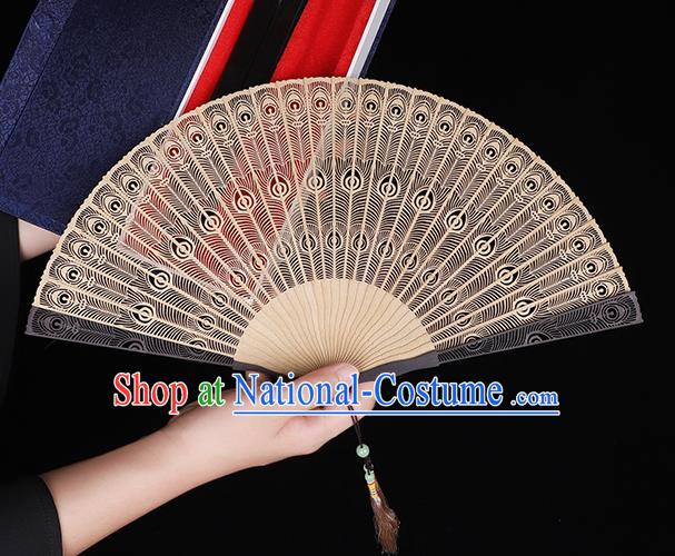 Chinese Handmade Hollow Sandalwood Accordion Carving Peacock Feather Fan Craft Classical Folding Fan