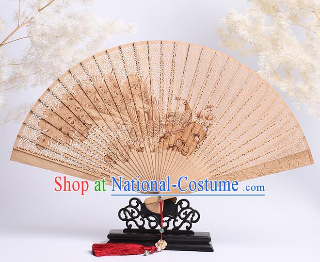 Chinese Classical Folding Fan Handmade Sandalwood Accordion Printing Peacock Fan Craft