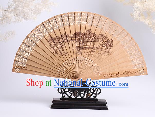 Chinese Handmade Sandalwood Accordion Printing Jiangnan View Fan Craft Classical Folding Fan