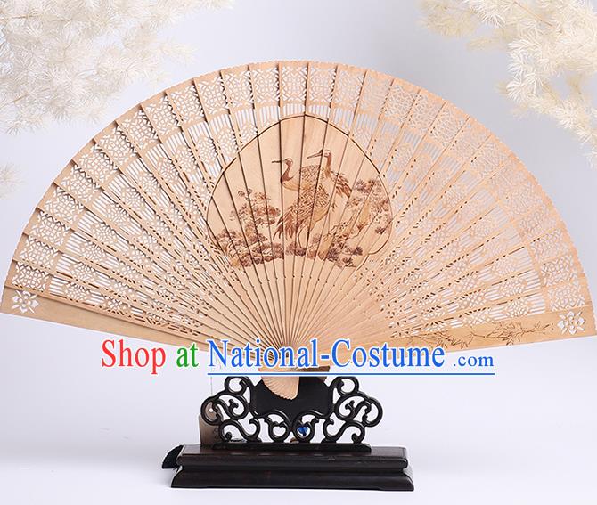 Chinese Handmade Hollow Sandalwood Accordion Classical Folding Fan Printing Crane Fan Craft