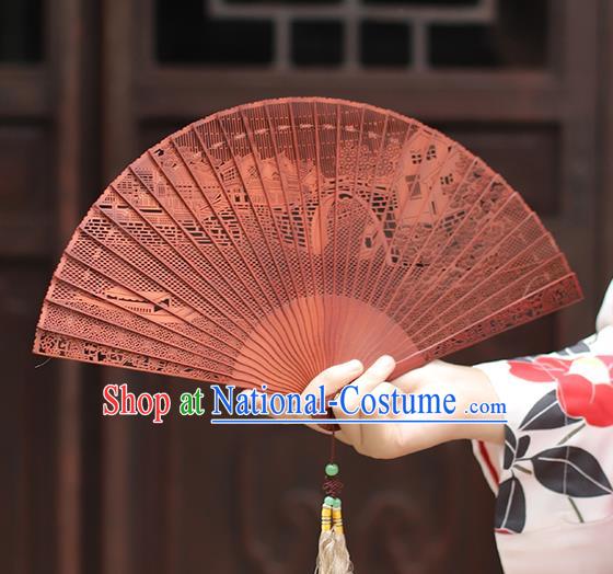 Chinese Handmade Carving Jiangnan Watertown Fan Craft Hollow Sandalwood Accordion Classical Folding Fan