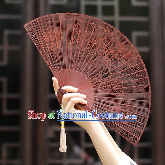 Chinese Classical Folding Fan Handmade Carving Flowers Fairy Fan Craft Hollow Sandalwood Accordion