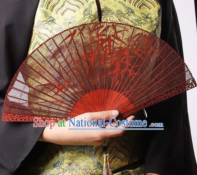 Chinese Hollow Sandalwood Accordion Classical Folding Fan Handmade Carving Bamboo Leaf Fan Craft