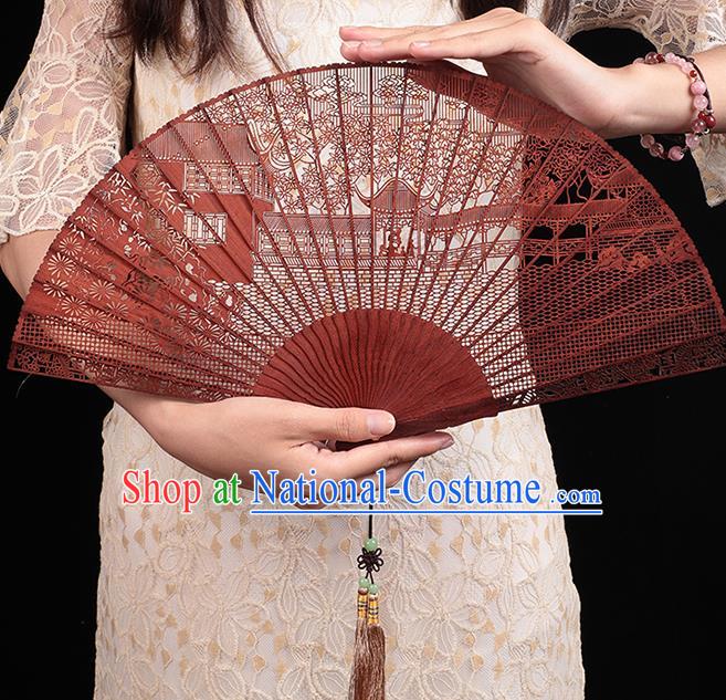 Chinese Traditional Red Sandalwood Accordion Classical Folding Fan Handmade Hollow Fan