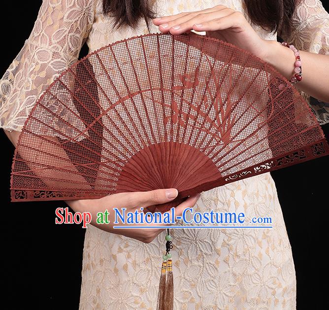 Chinese Handmade Hollow Orchids Fan Traditional Red Sandalwood Accordion Classical Folding Fan