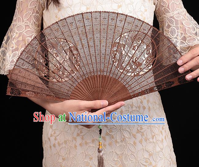 Chinese Traditional Sandalwood Accordion Classical Folding Fan Handmade Carving Dragon Phoenix Fan