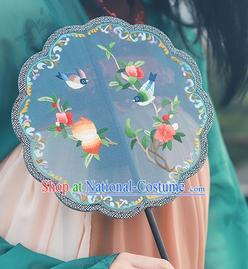 China Traditional Song Dynasty Wedding Fan Classical Blue Silk Fan Handmade Embroidered Palace Fan