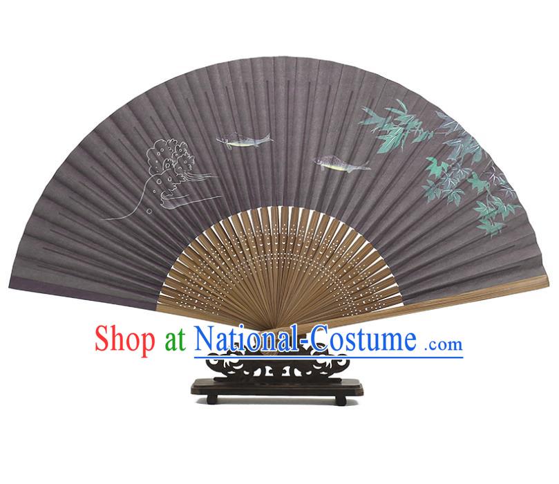 Chinese Classical Bamboo Folding Fan Handmade Painting Fishes Fan Traditional Black Accordion