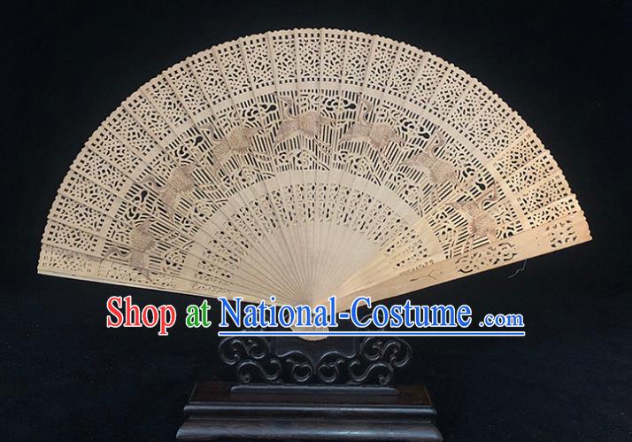 Chinese Traditional Carving Cranes Accordion Classical Folding Fan Handmade Sandalwood Fan