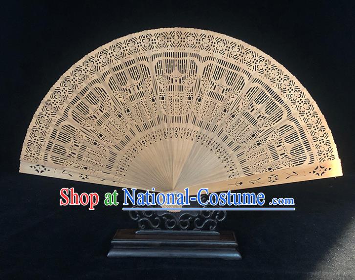 Chinese Classical Folding Fan Handmade Sandalwood Fan Traditional Carving Pavilion Accordion