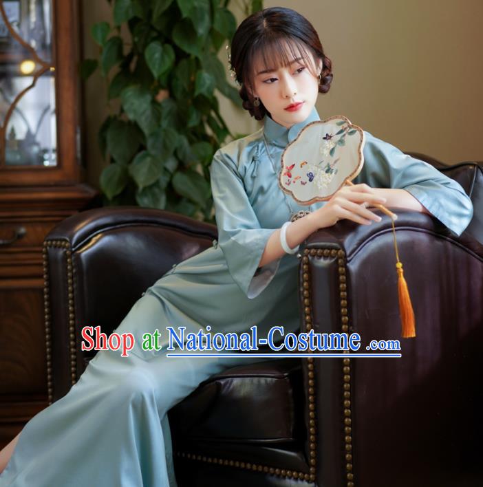 China Traditional Young Lady Cheongsam Classical Light Blue Qipao Dress National Retro Clothing