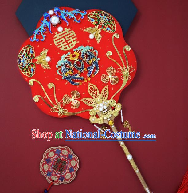 China Handmade Blueing Phoenix Palace Fan Classical Red Fan Traditional Wedding Fan