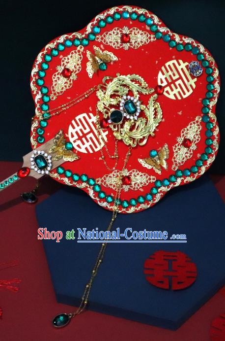 China Handmade Green Crystal Palace Fan Classical Bride Red Fan Traditional Wedding Silk Fan