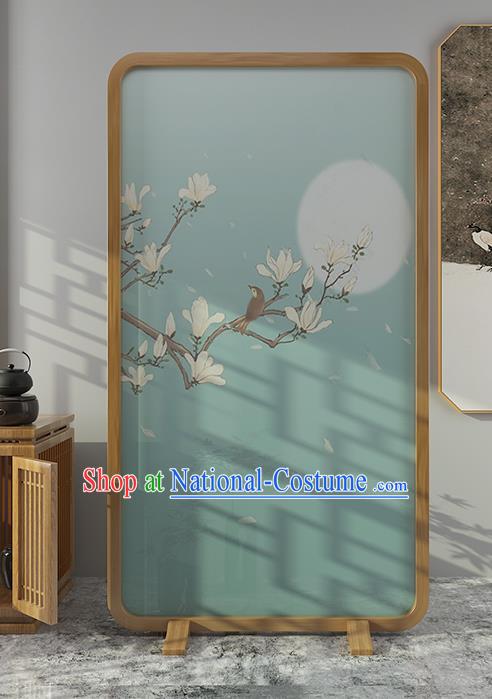 Chinese Printing Mangnolia Green Silk Folding Screen Handmade Wood Screen