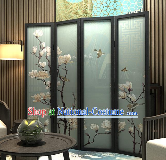 Chinese Handmade Rosewood Screen Printing Mangnolia Folding Screens