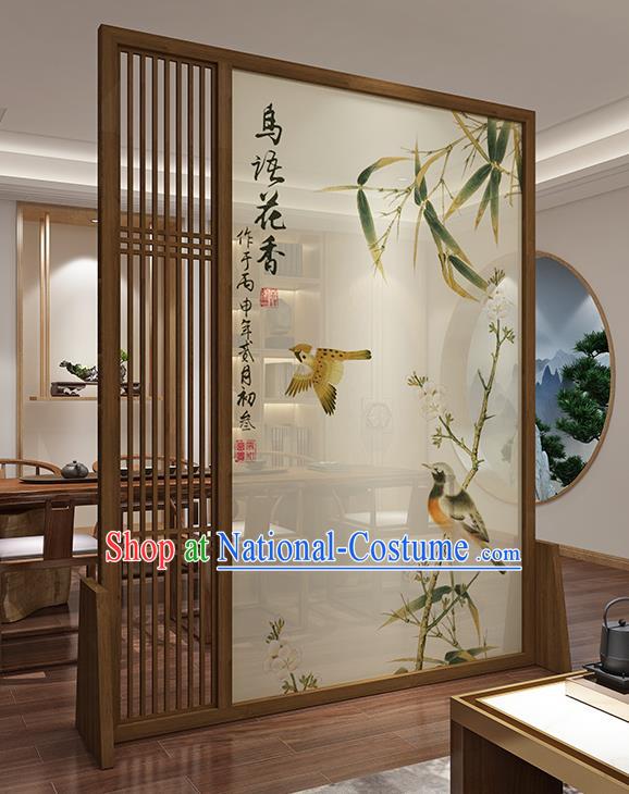 Chinese Handmade Printing Bamboo Bird Floor Screen Walnut Moving Screen