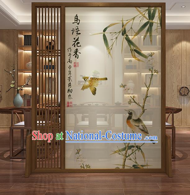 Chinese Handmade Printing Bamboo Bird Floor Screen Walnut Moving Screen