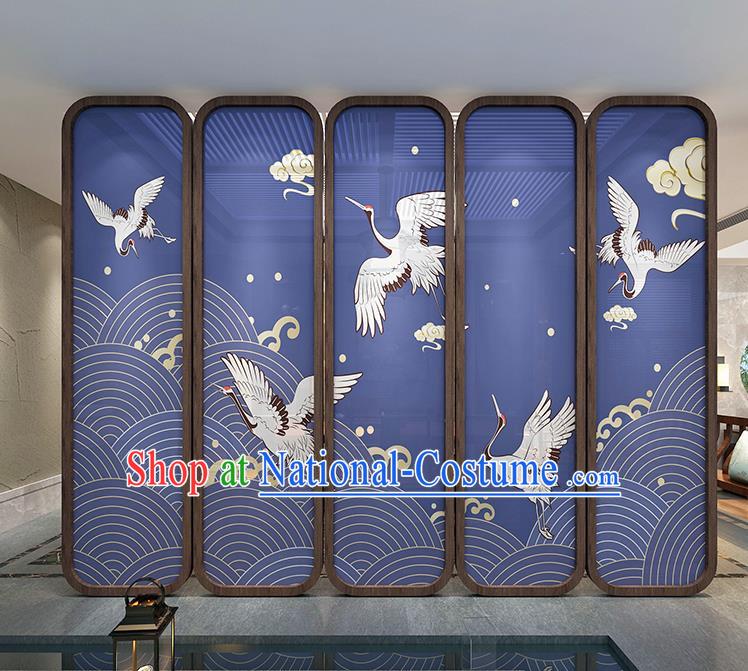 Chinese Handmade Walnut Screen Printing Crane Blue Silk Folding Screens