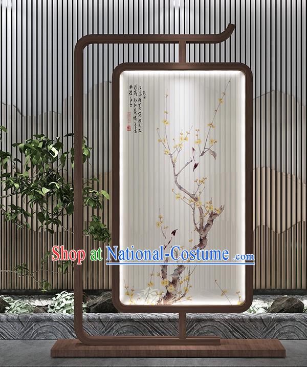 Chinese Handmade Walnut Stand Screen Printing Plum Bird Floor Lantern