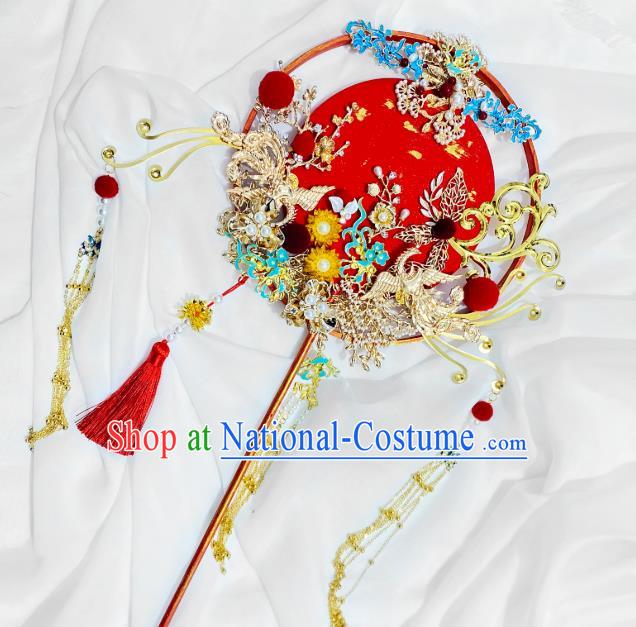 China Classical Wedding Hanfu Fan Traditional Golden Phoenix Tassel Fan Handmade Palace Fan