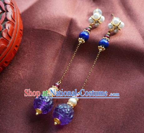 China Handmade Lapis Ear Accessories Traditional Cheongsam Amethyst Pearls Earrings