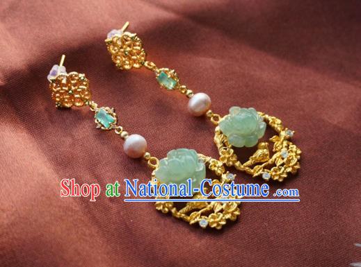 China Handmade Jadeite Peony Ear Accessories Traditional Cheongsam Golden Earrings