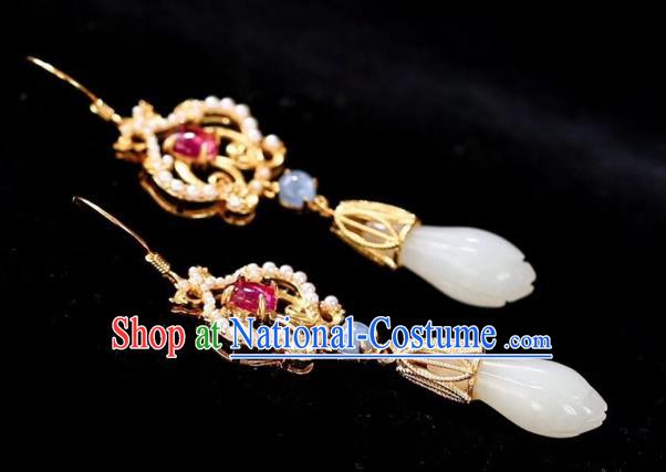 China Handmade Jade Mangnolia Ear Accessories Traditional Cheongsam Tourmaline Earrings