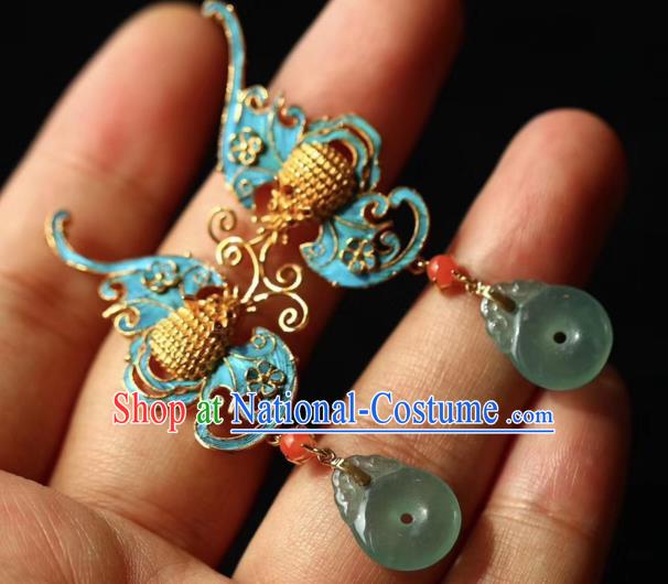 China Handmade Blueing Bat Ear Accessories Traditional Qing Dynasty Court Earrings