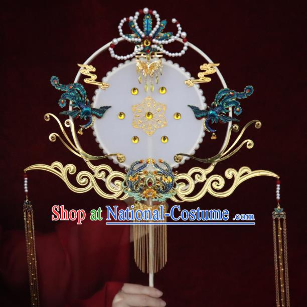 China Classical Hanfu Bride Fan Traditional Wedding Golden Tassel Circular Fan Handmade Blueing Phoenix Palace Fan