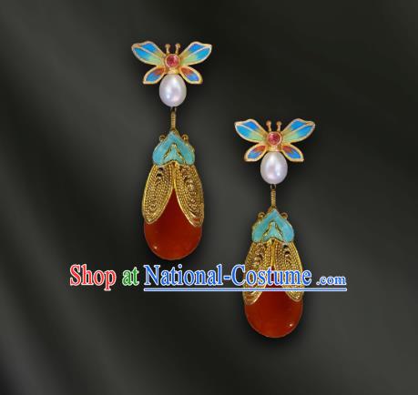 China Handmade Enamel Bee Ear Accessories Traditional Qing Dynasty Agate Earrings