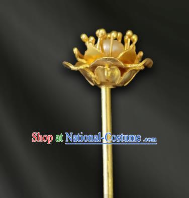 Chinese Traditional Ming Dynasty Golden Peach Blossom Hairpin Ancient Empress Pearl Hair Stick