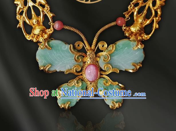 Chinese Jade Butterfly Necklace Pendant Handmade Filigree Golden Brooch