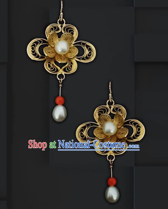 China Traditional Cheongsam Golden Flower Earrings Handmade Qing Dynasty Pearls Ear Accessories